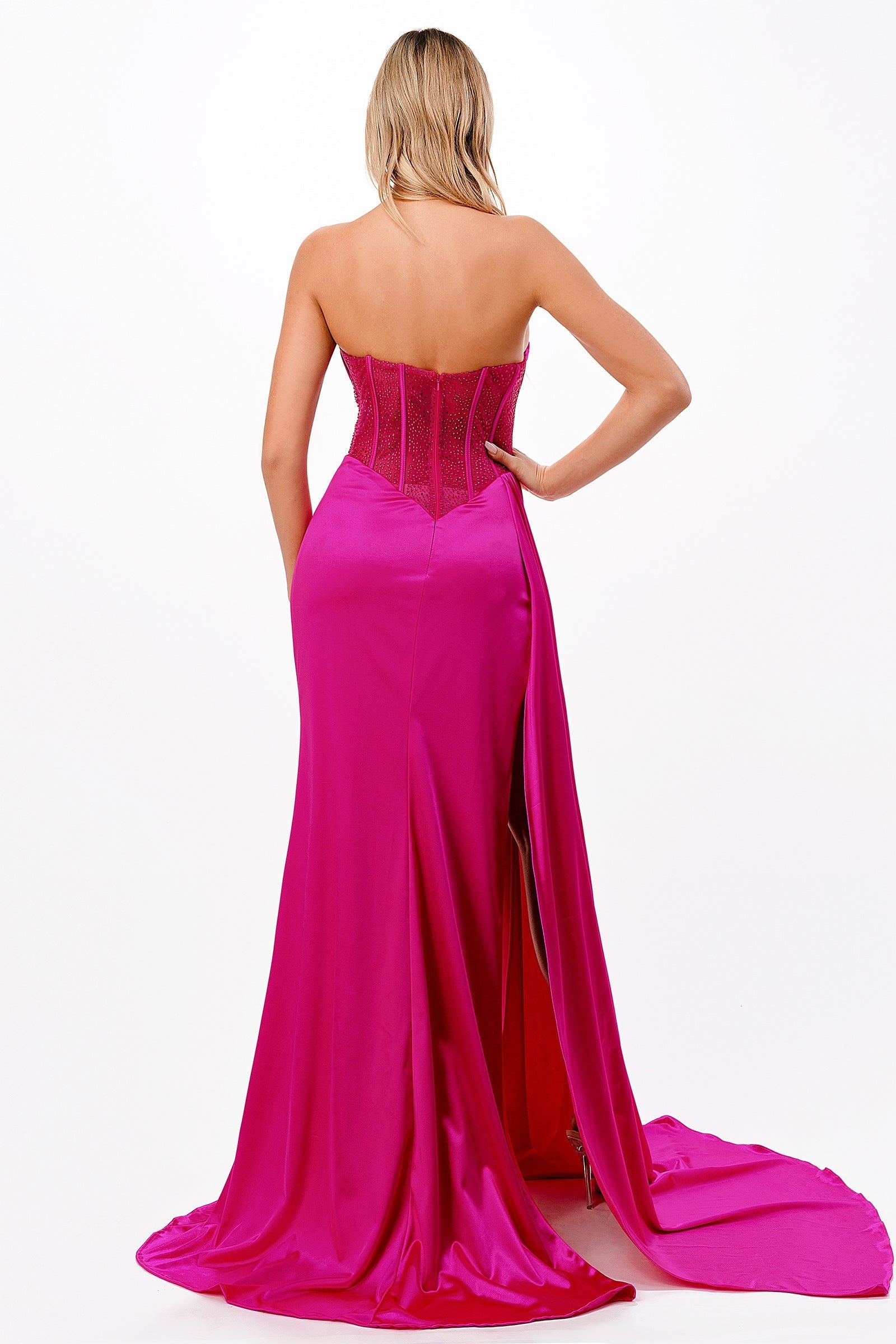Satin Fitted Strapless Slit Gown by Ladivine CDS411