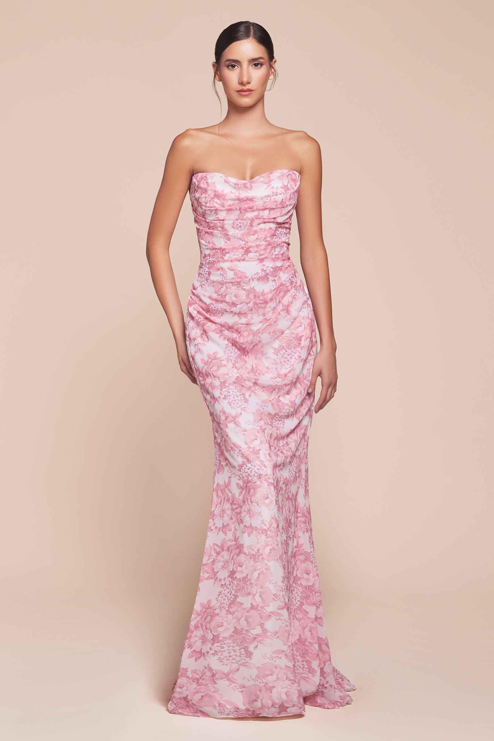 Floral Print Fitted Strapless Gown by Ladivine 7445