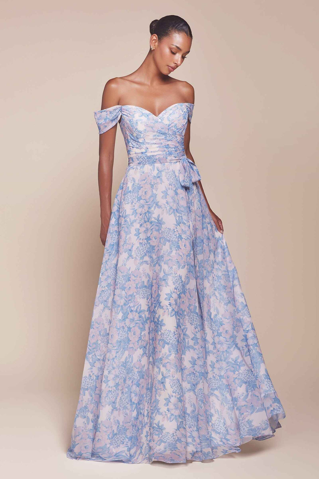Floral Print Off Shoulder A-line Gown by Ladivine 7441