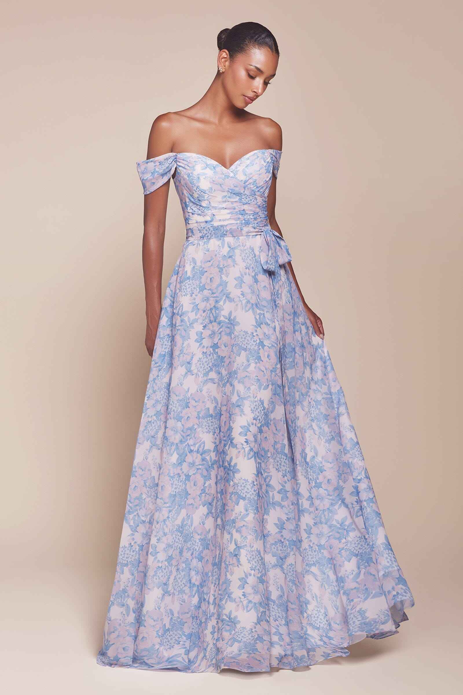 Floral Print Off Shoulder A-line Gown by Ladivine 7441