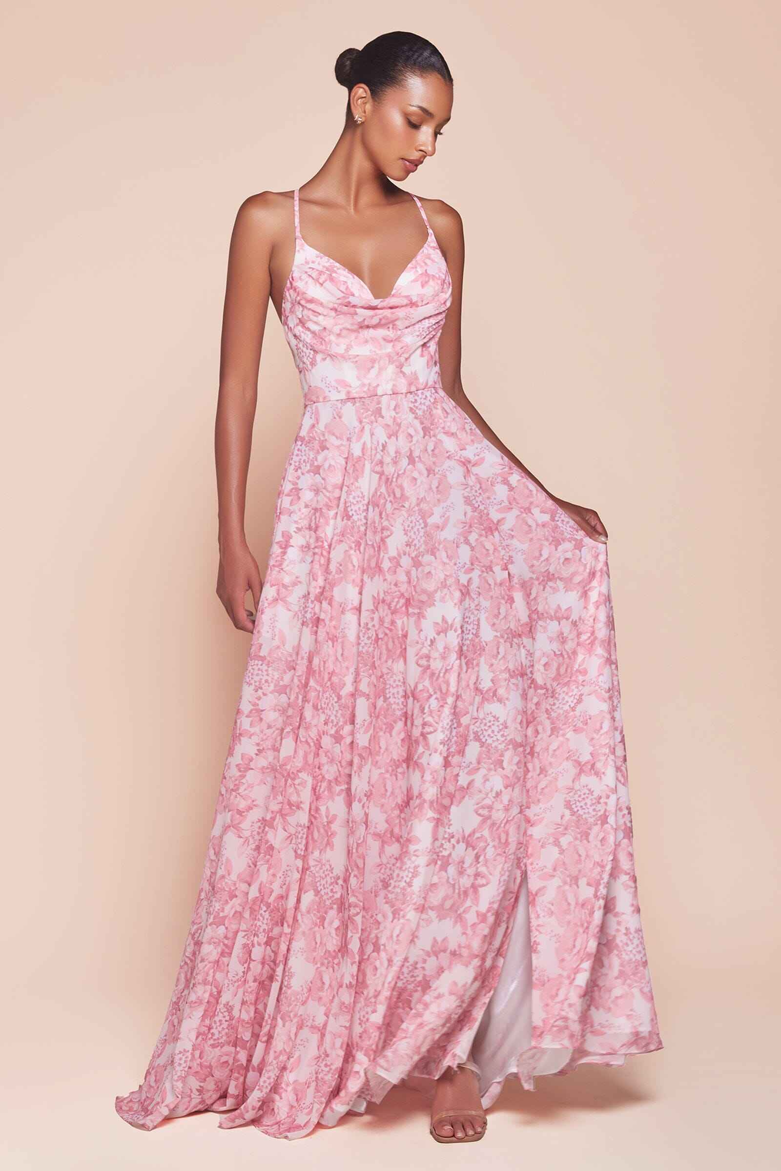Floral Print Sleeveless A-line Gown by Ladivine 7444