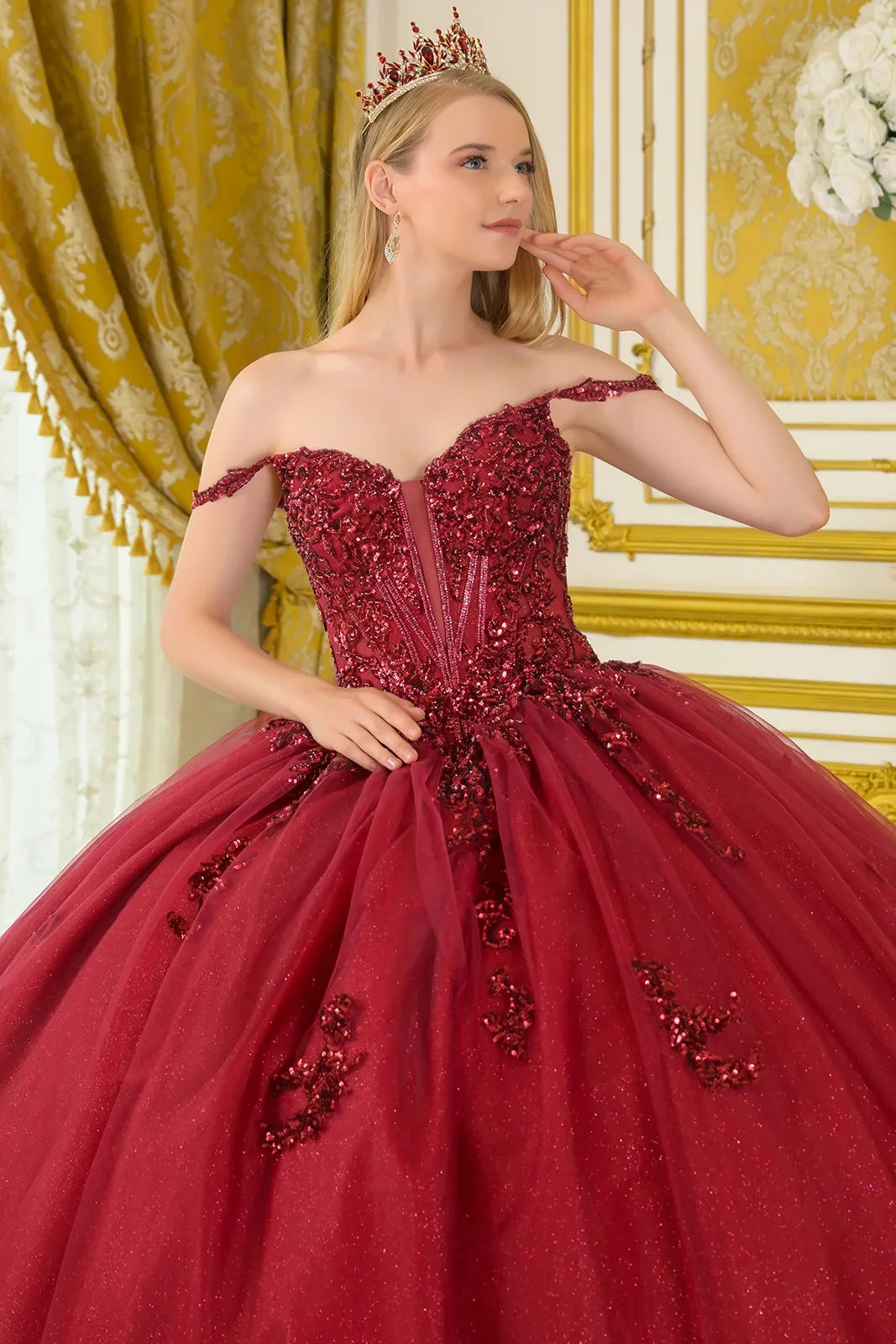 Beaded Off-the-Shoulder Ball Formal Gown | Elizabeth K GL3712
