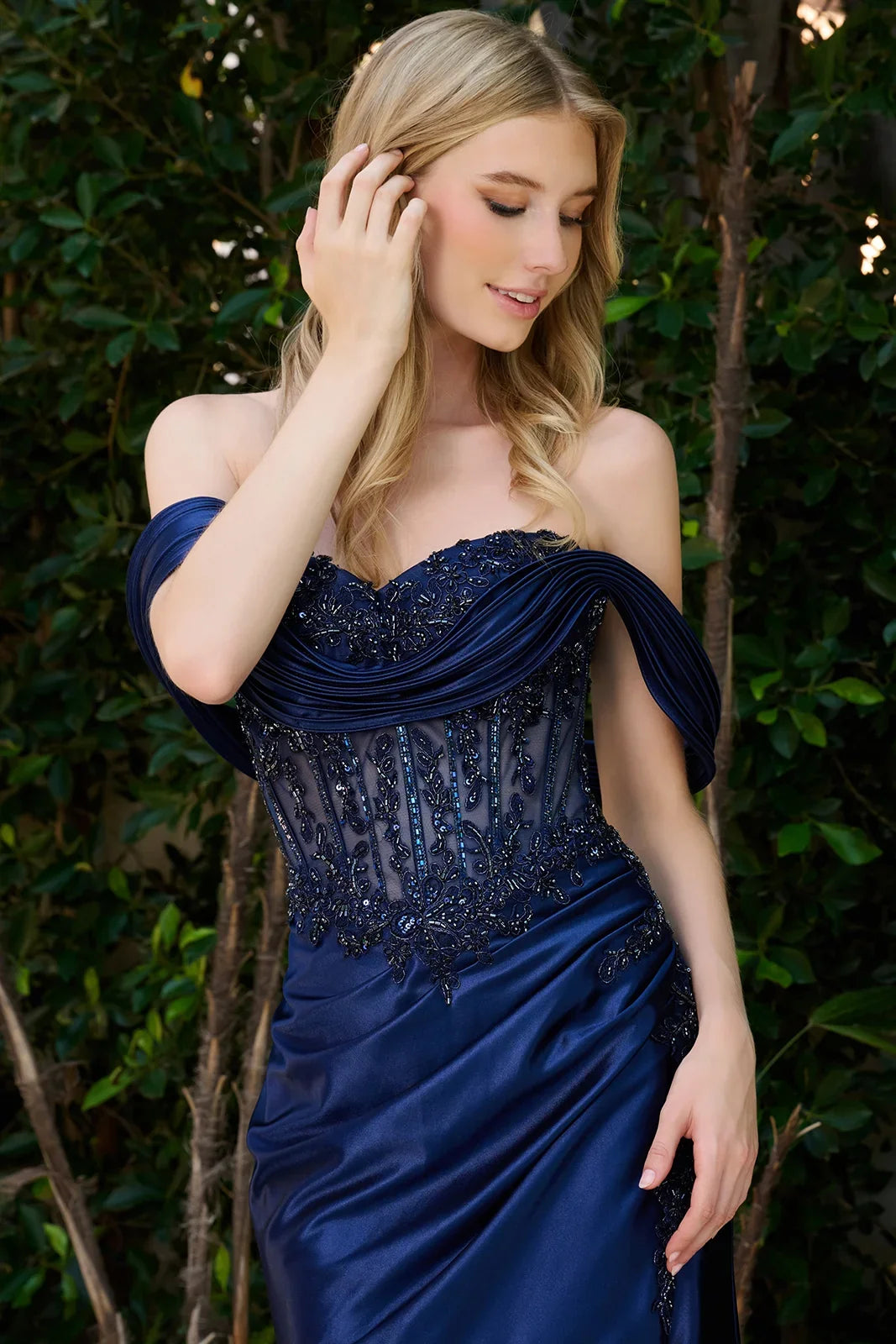 Satin Off-the-Shoulder Slit Formal Gown | Elizabeth K GL3852