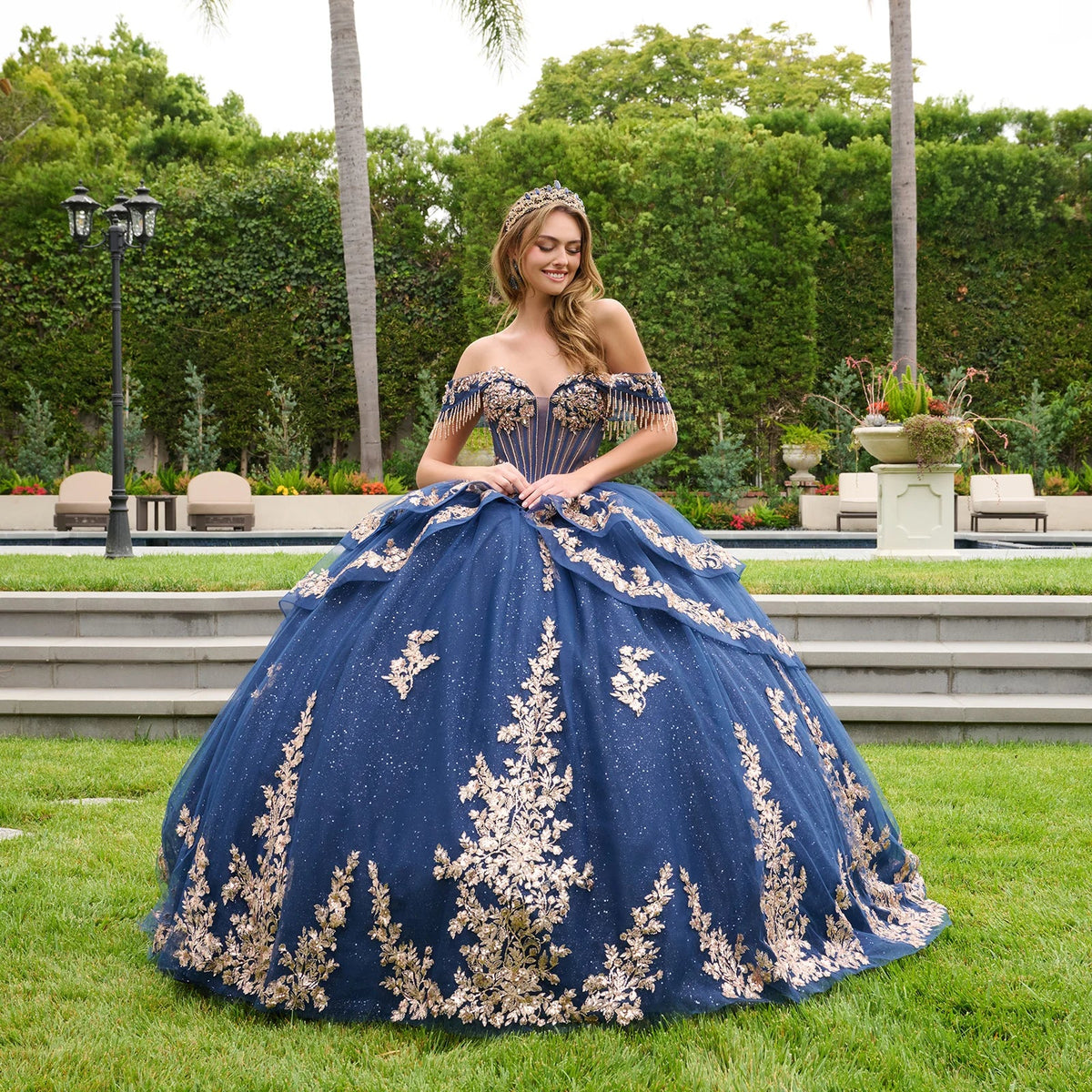 Off-the-Shoulder Fringe Ball Formal Gown | Elizabeth K GL3857
