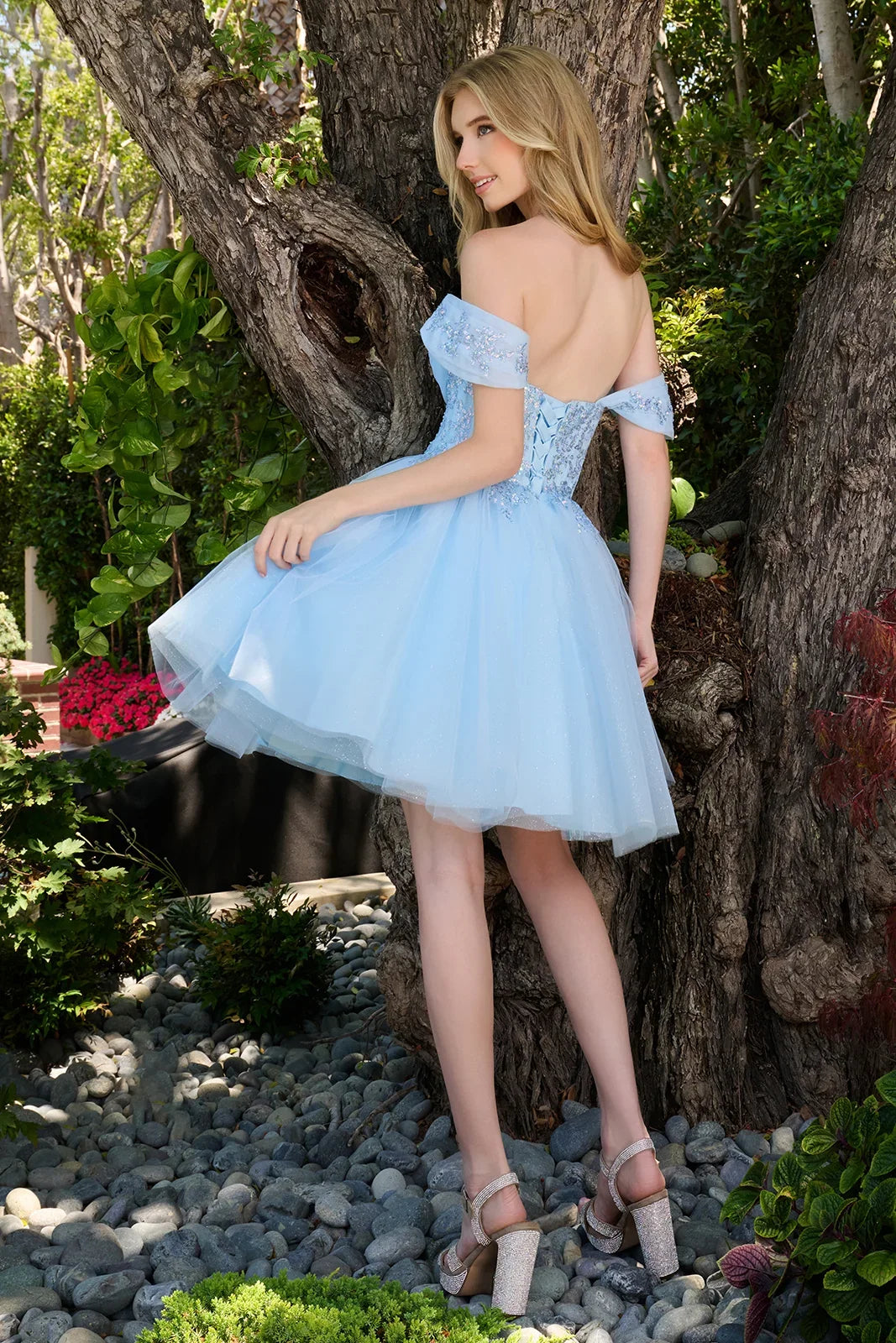 Glitter Short Off-the-Shoulder Evening Dress | Elizabeth K GS3859