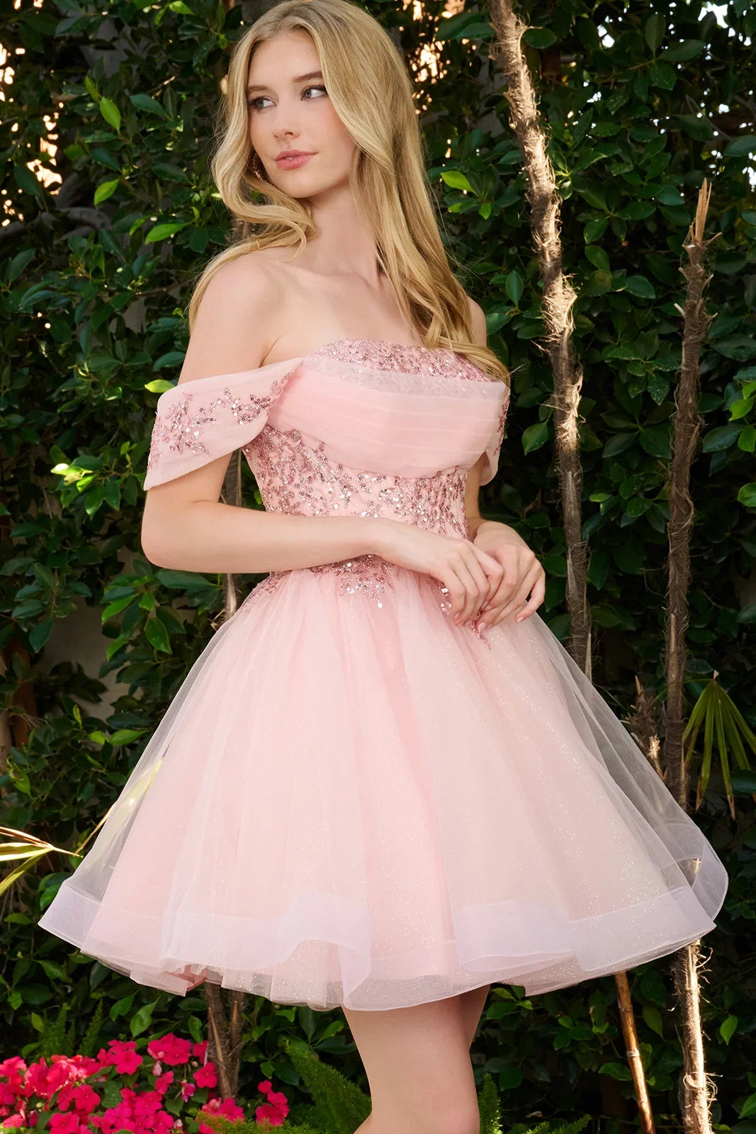 Glitter Short Off-the-Shoulder Evening Dress | Elizabeth K GS3859