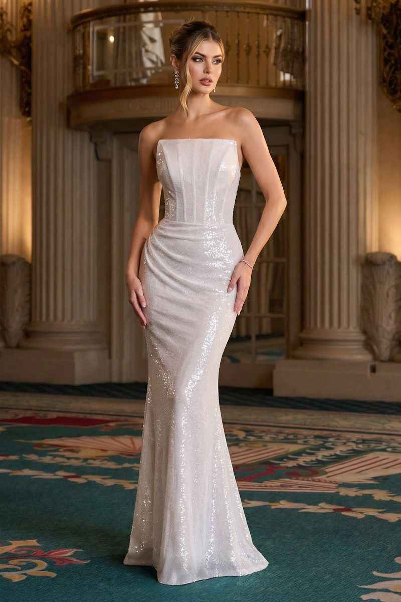 Sequin Fitted Strapless Gown by Ladivine J904