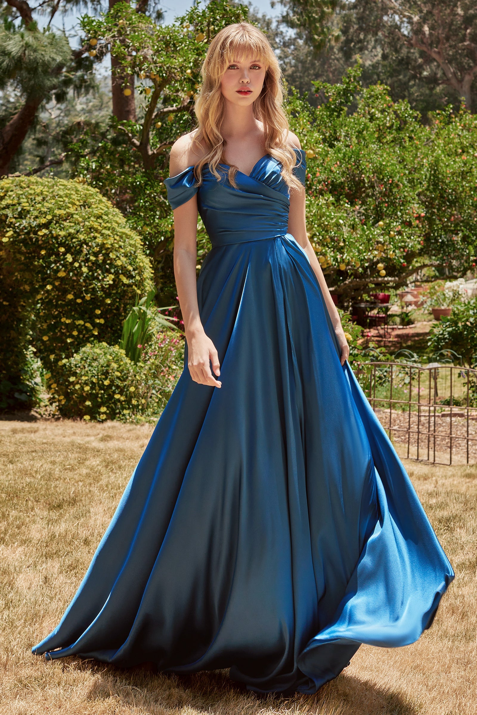 Long Off Shoulder A-line Satin Dress by Ladivine 7493