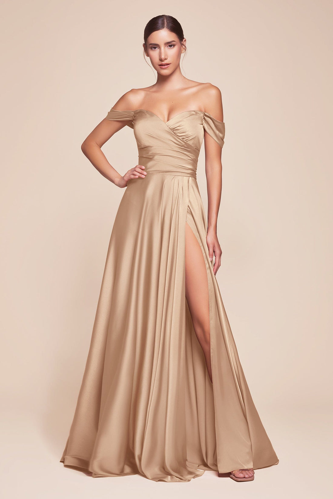 Long Off Shoulder A-line Satin Dress by Ladivine 7493