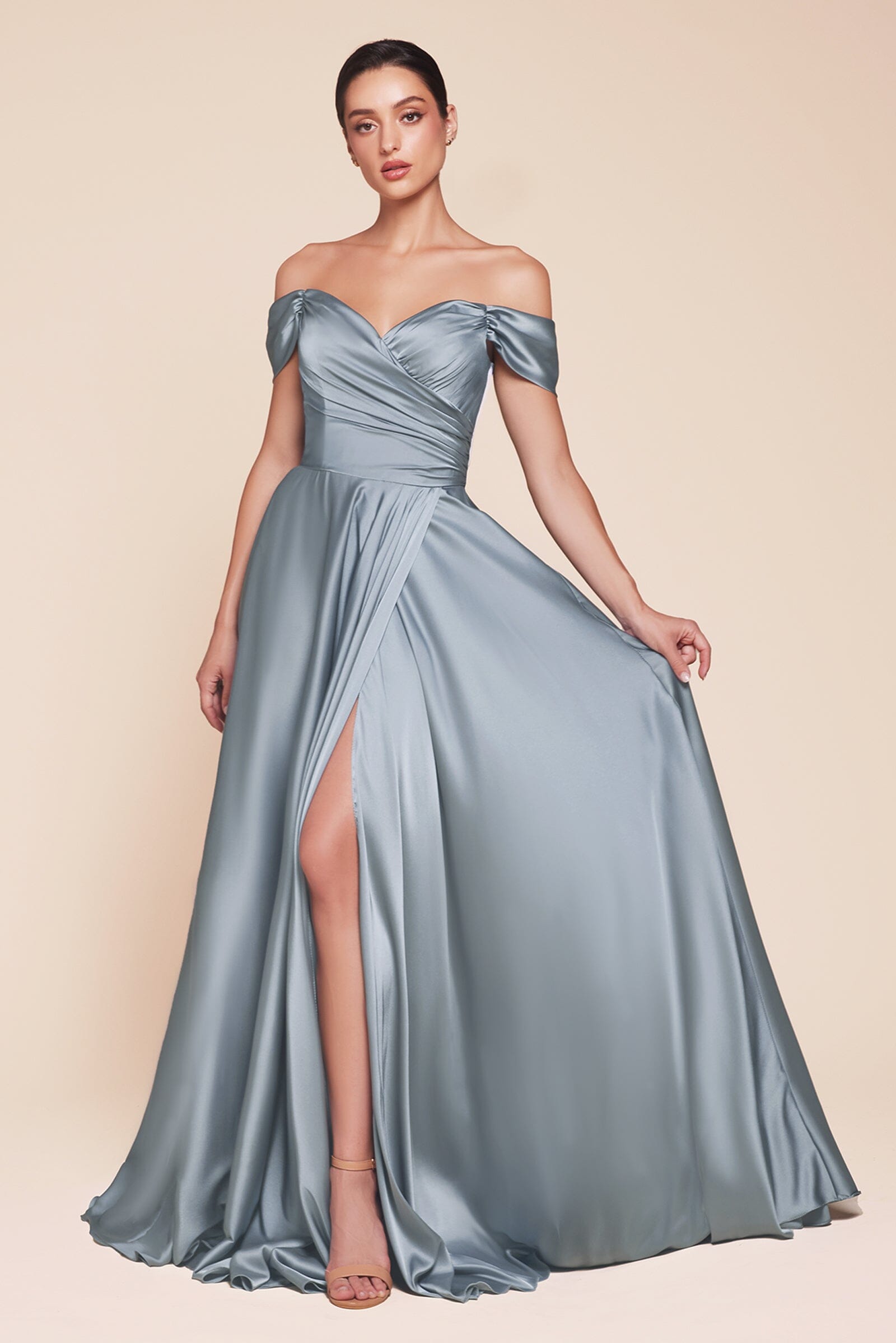 Long Off Shoulder A-line Satin Dress by Ladivine 7493