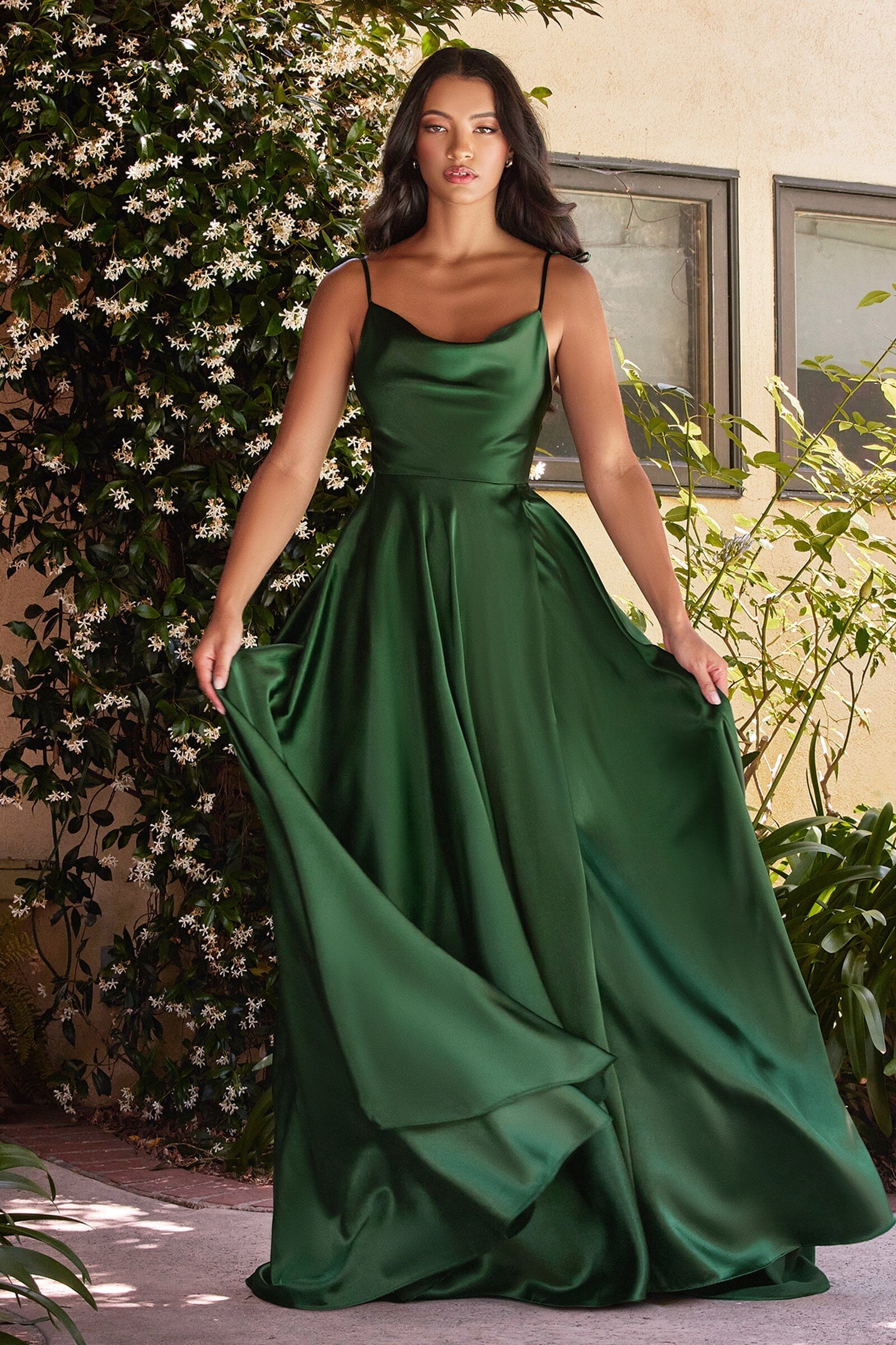 Long Satin Sleeveless Cowl Slit Dress by Ladivine BD104