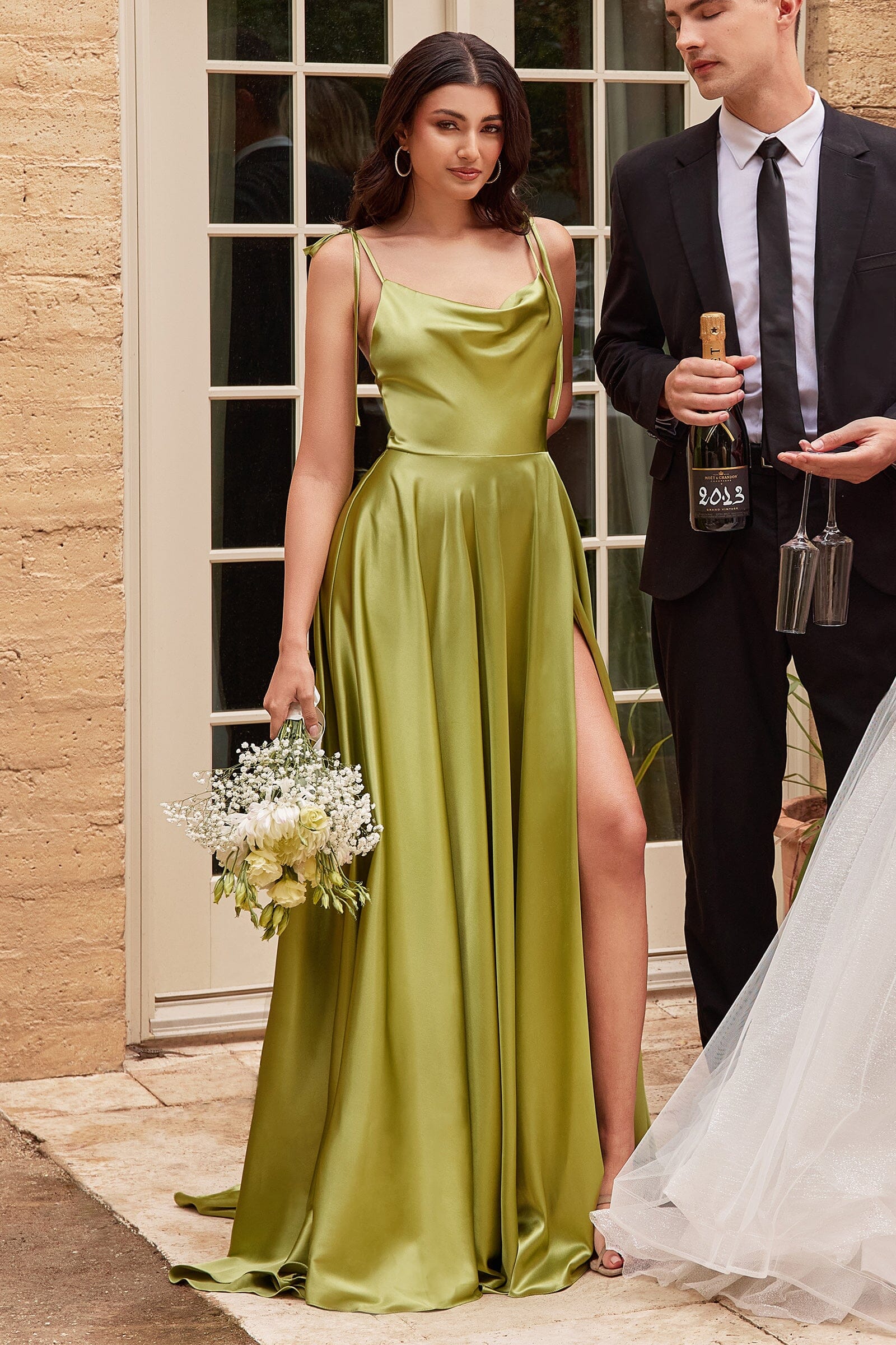 Long Satin Sleeveless Cowl Slit Dress by Ladivine BD104