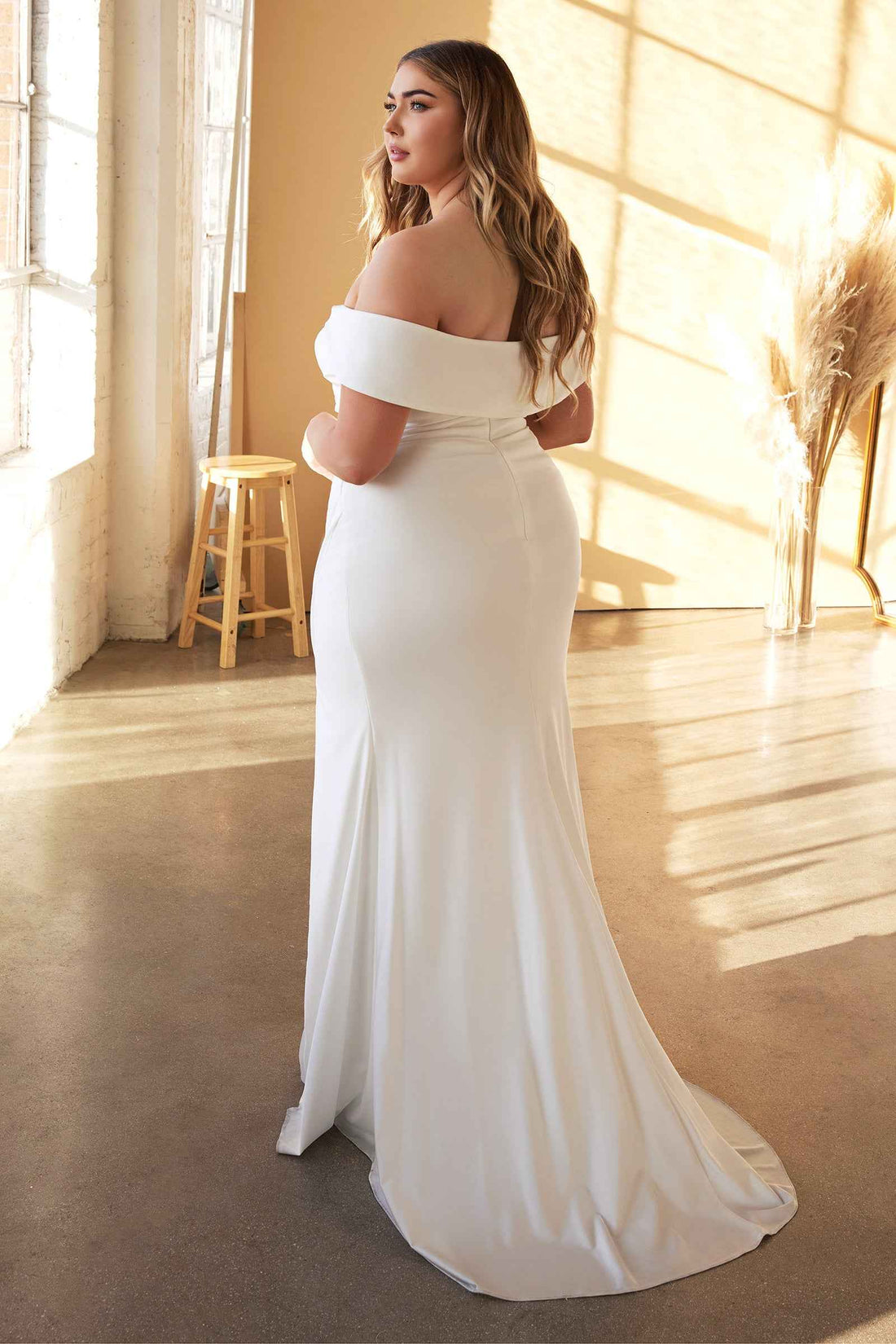 Plus Size White Off Shoulder Gown by Cinderella Divine CD930C