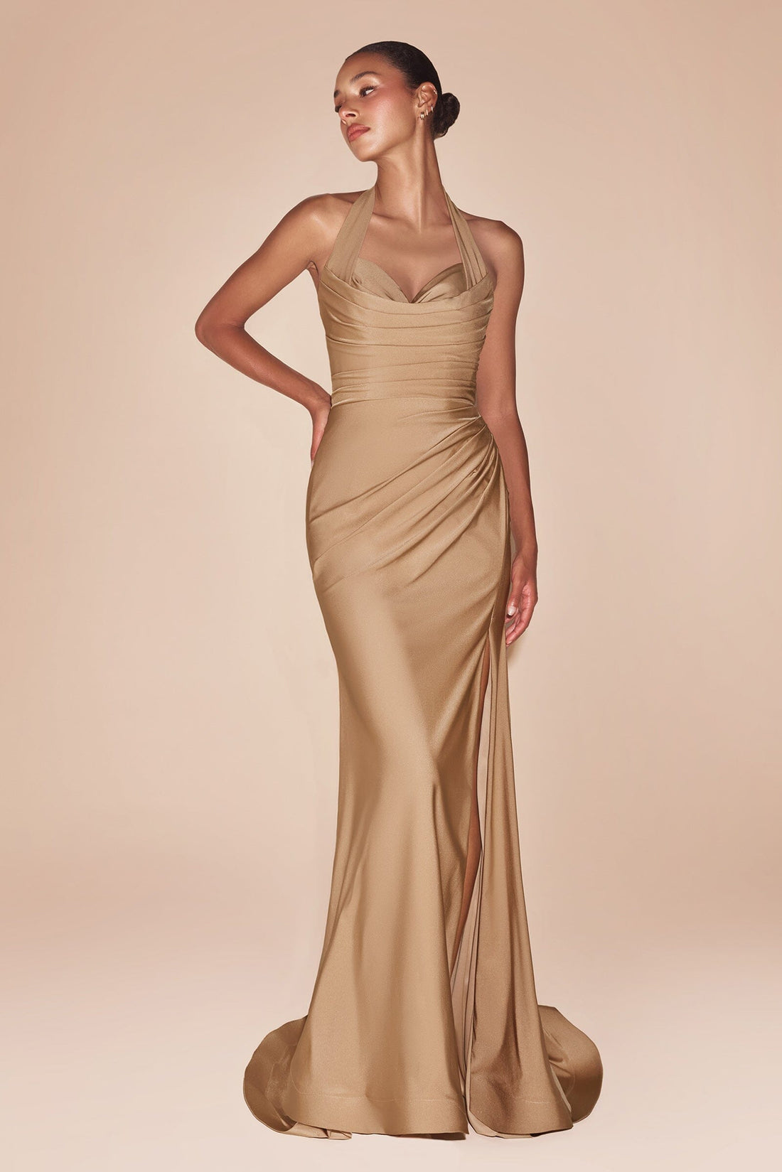 Kleid aus Satin Fitted Long Halter Slit | Ladivine by Cinderella Divine - Style LACD796
