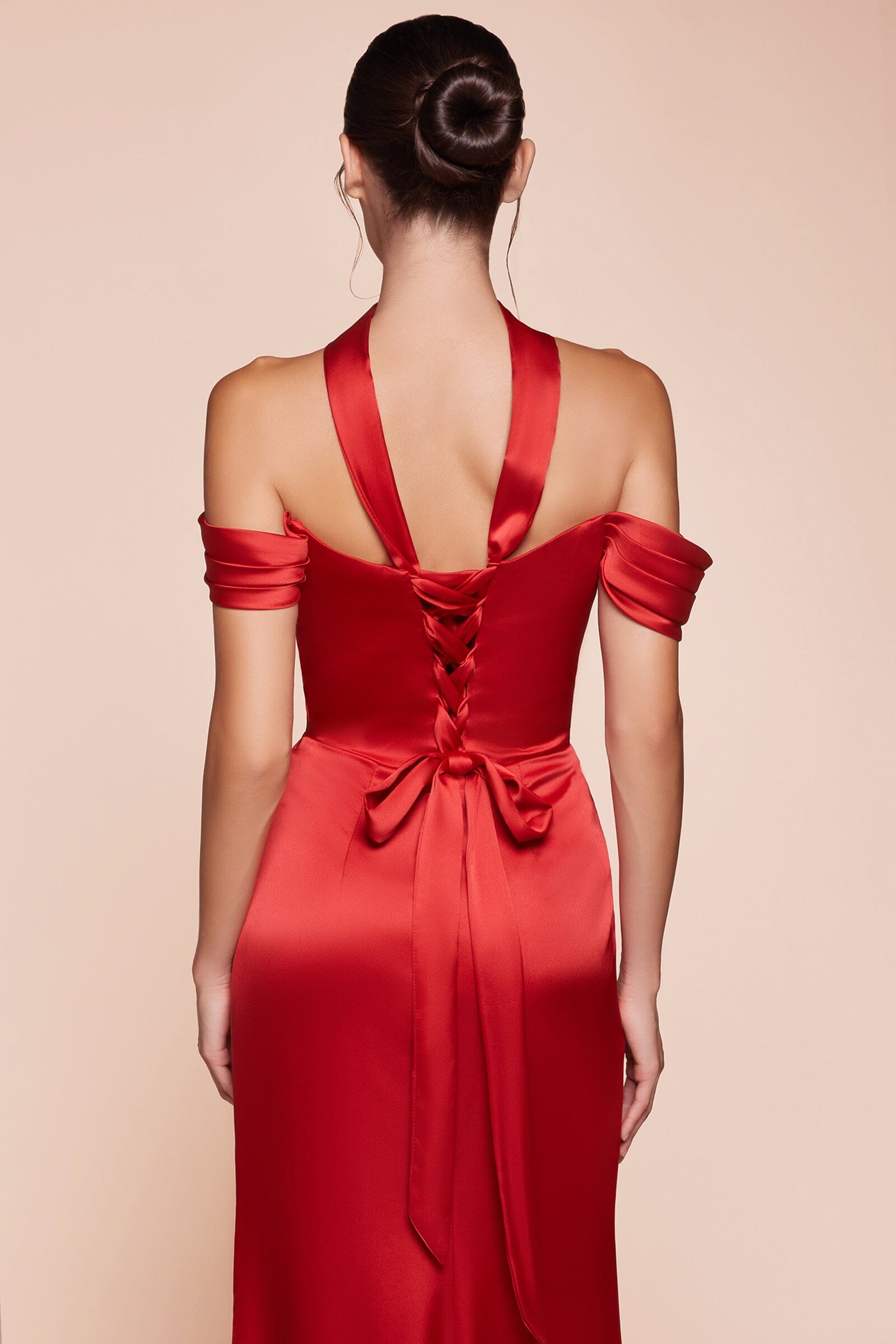Satin Fitted Off Shoulder Slit Gown by Ladivine 7452