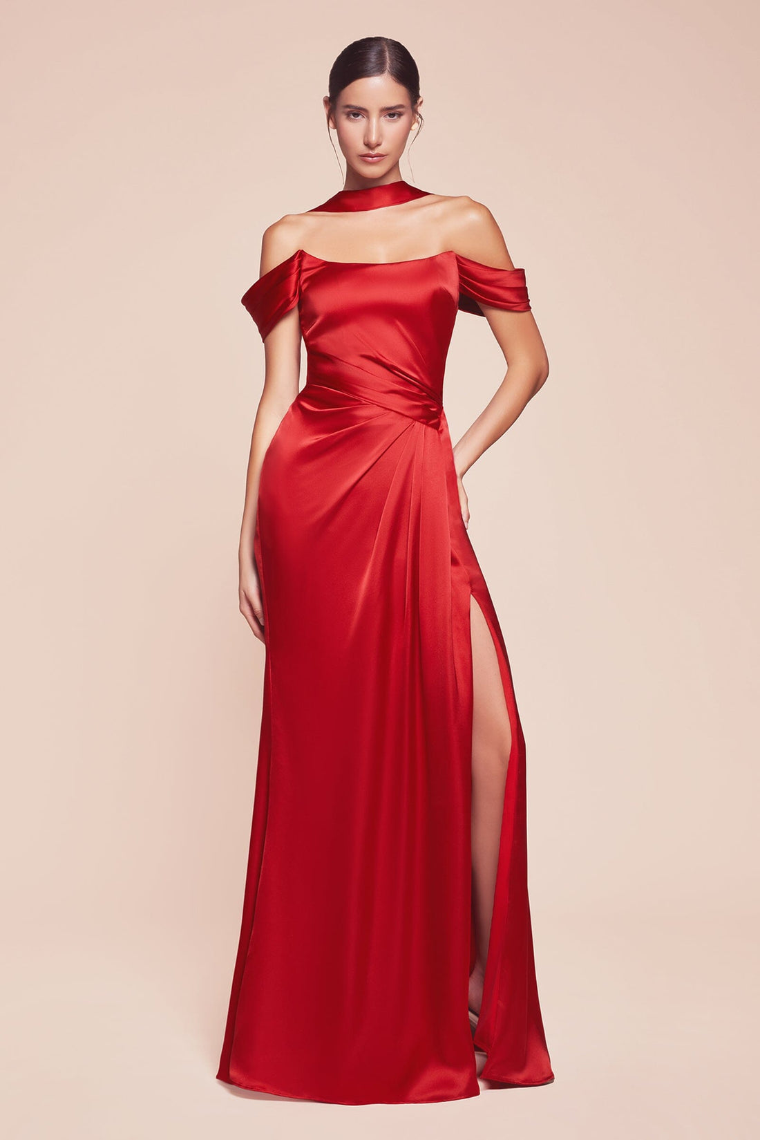 in satijn Fitted Off-the-Shoulder Slit Gown | Ladivine by Cinderella Divine - Style LA7452