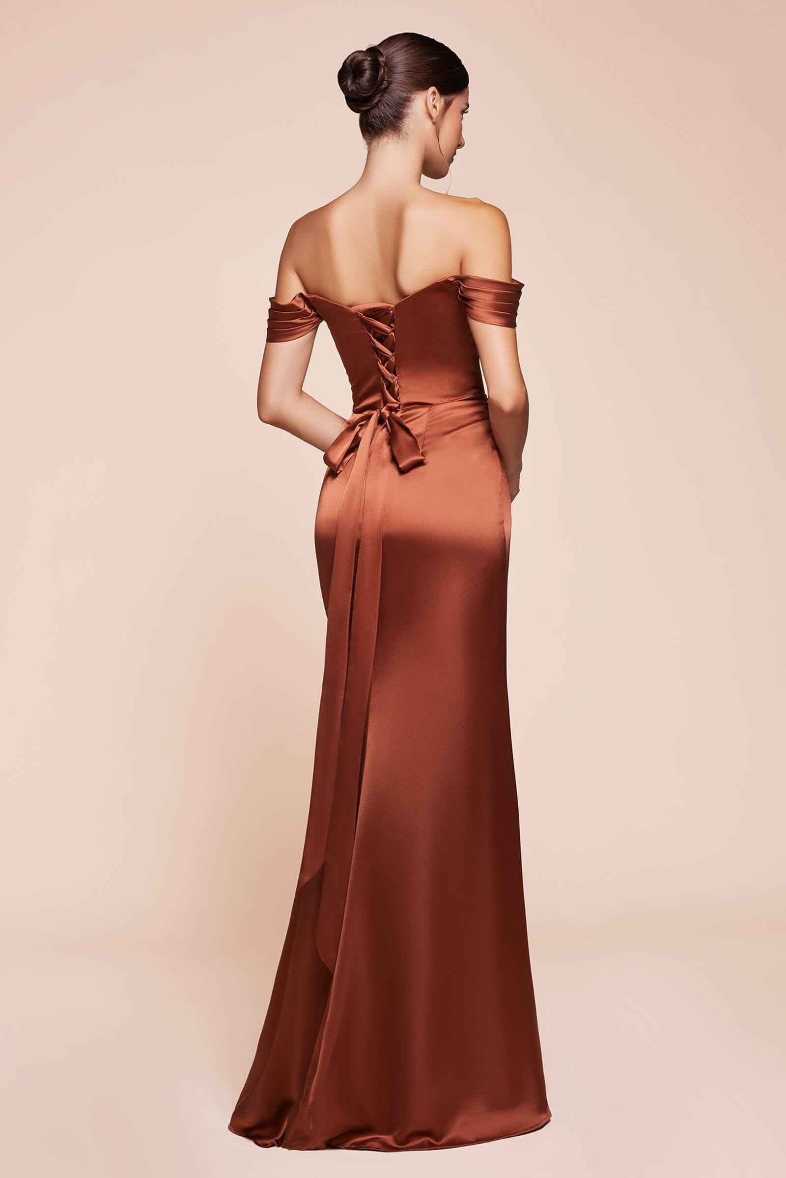 Satin Fitted Off Shoulder Slit Gown by Ladivine 7452
