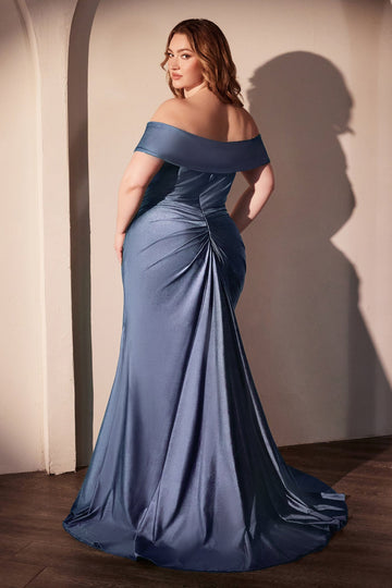 Satin Fitted Off-the-Shoulder Slit Gown | Ladivine