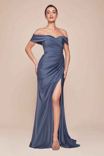 Satin Fitted Off Shoulder Slit Gown by Ladivine CD790