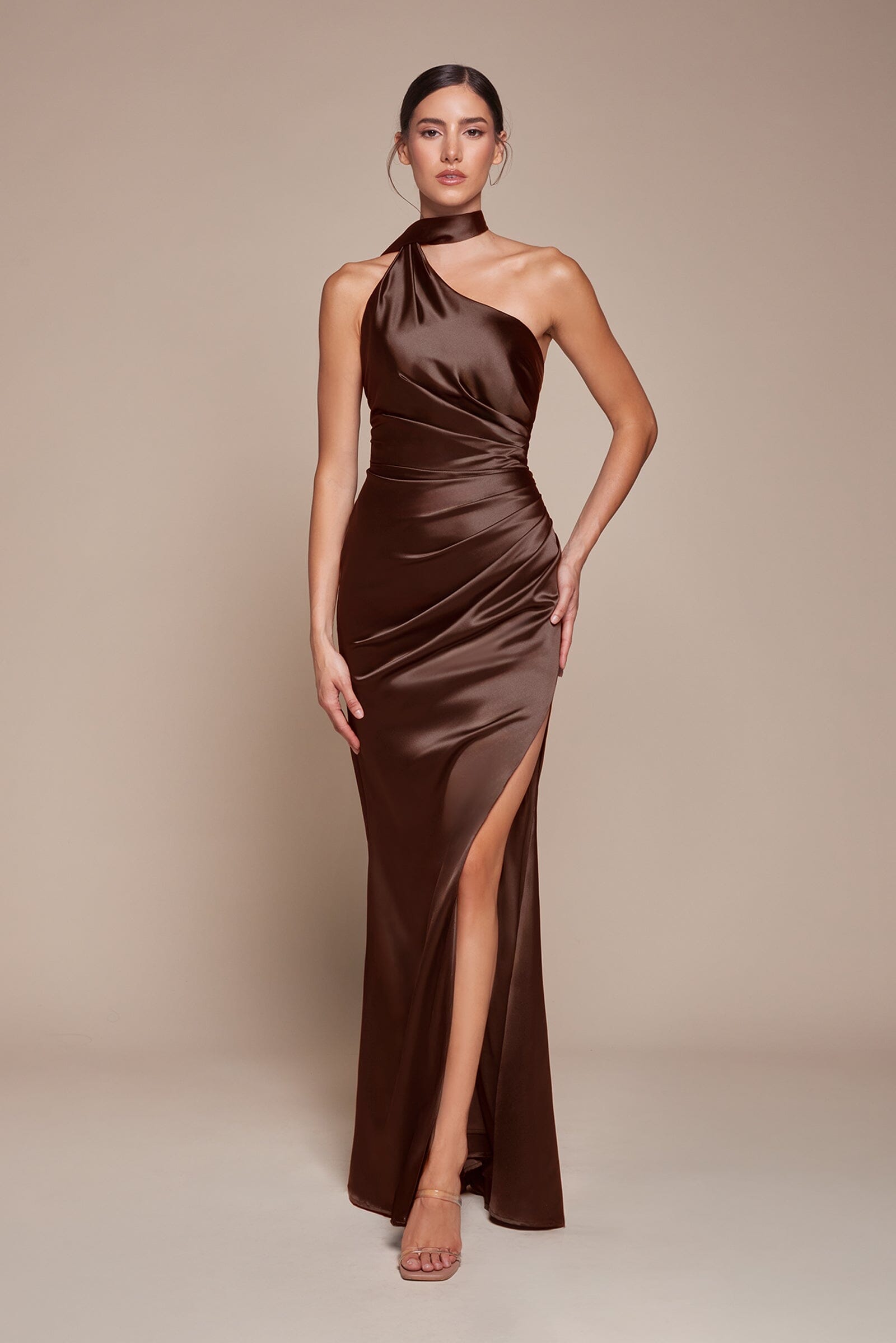 Satin Fitted One Shoulder Slit Gown by Ladivine 7454