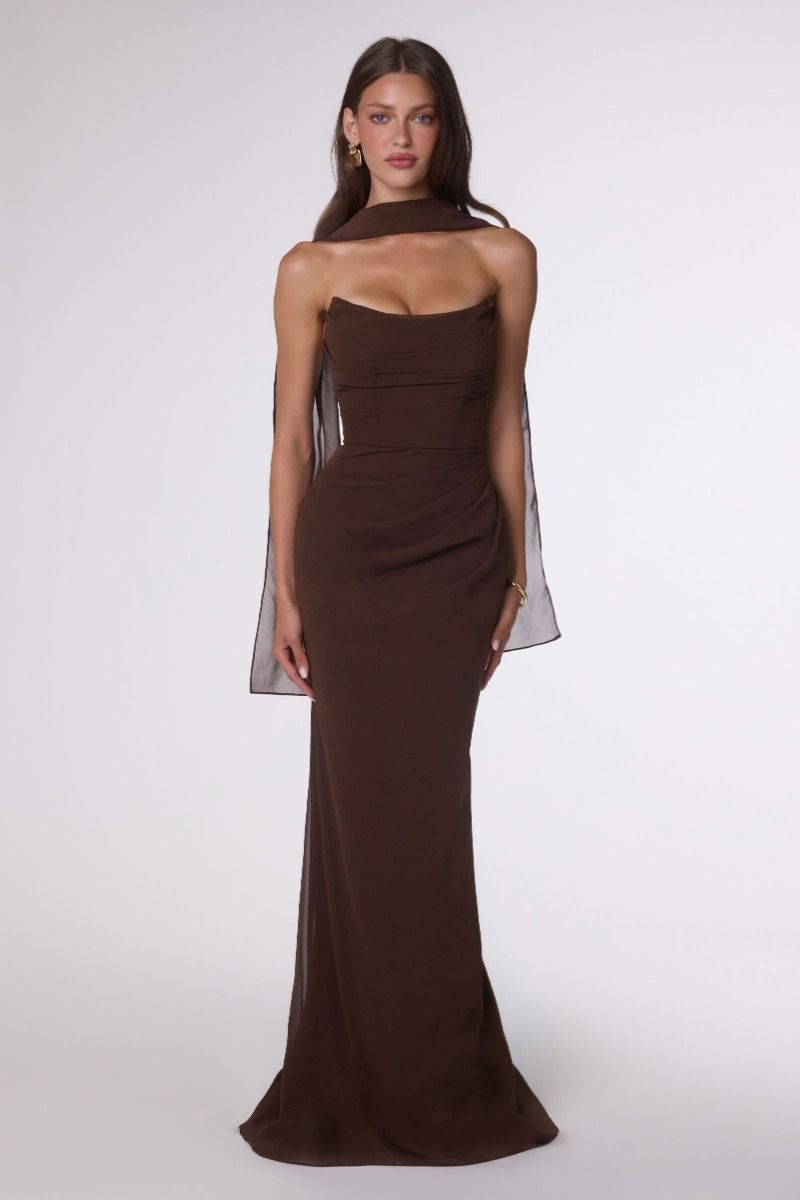 Chiffon Fitted Long Strapless Dress by Amoris T702