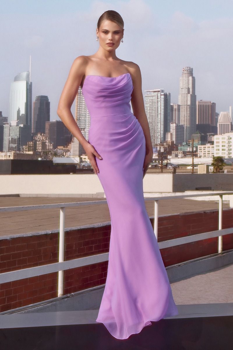 Chiffon Fitted Long Strapless Dress by Ladivine T702 Cinderella Divine