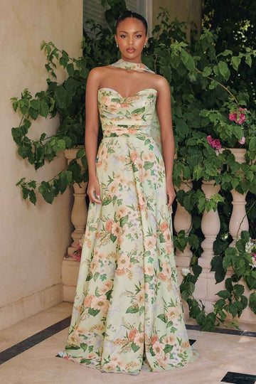 Floral Print Strapless A-line Gown by Amoris T717