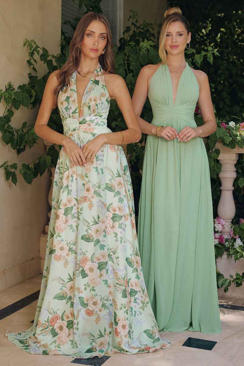 Floral Print Halter A-line Gown by Amoris T719