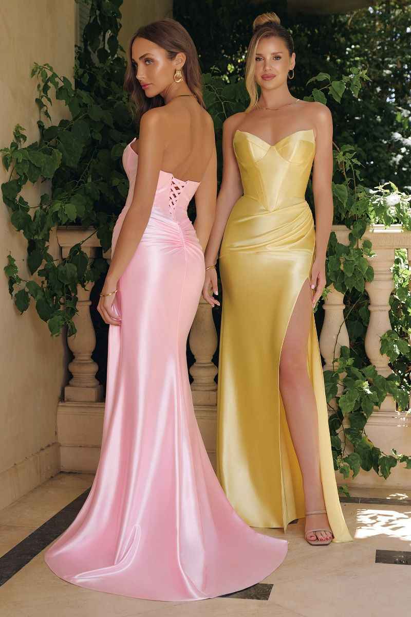 Satin Fitted Strapless Slit Gown by Amoris T723
