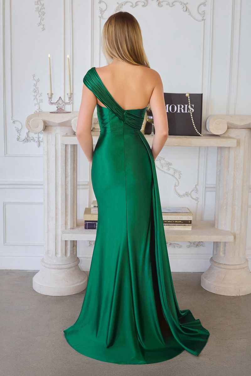 Satin Fitted One Shoulder Slit Gown by Amoris T817