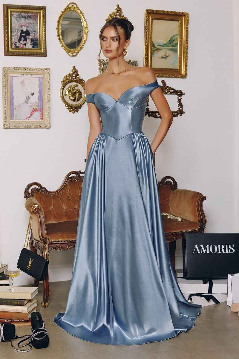 Satin Off Shoulder A-line Gown by Amoris T821