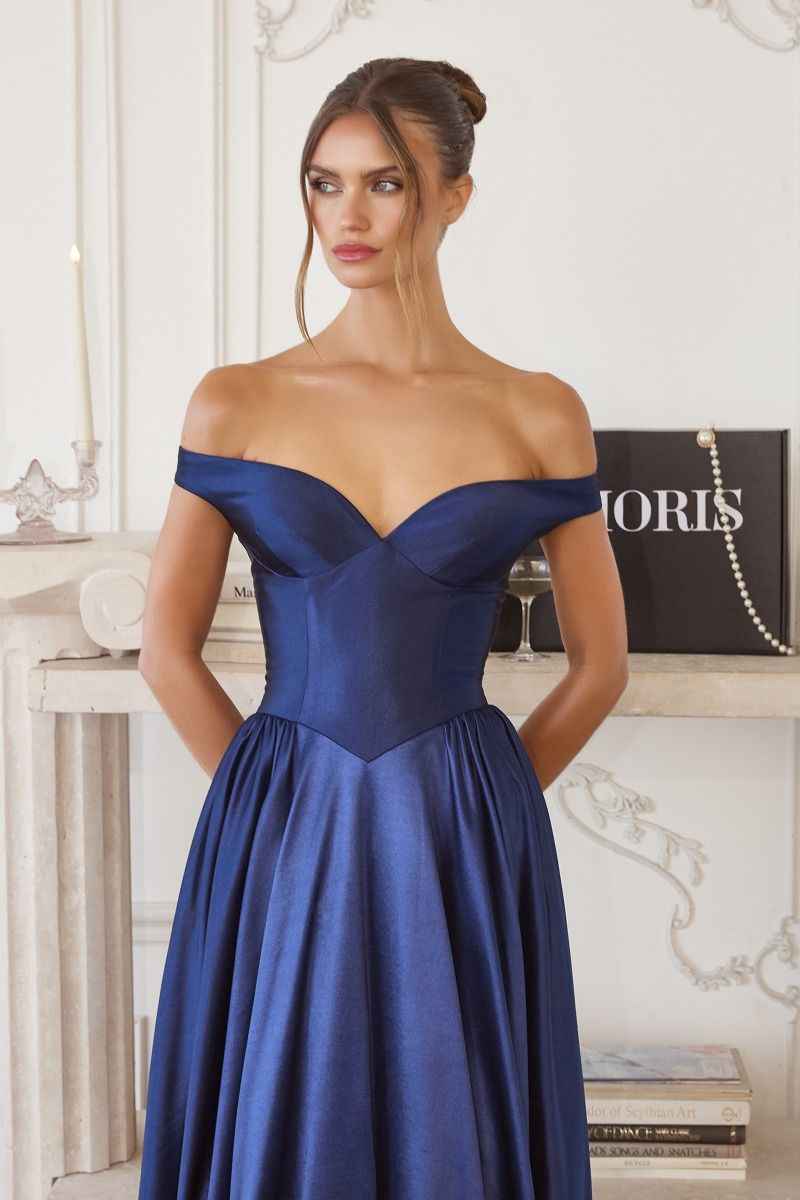Satin Off Shoulder A-line Gown by Amoris T821