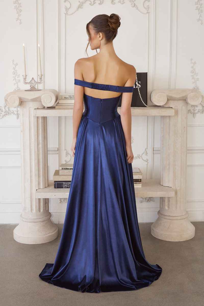 Satin Off Shoulder A-line Gown by Amoris T821