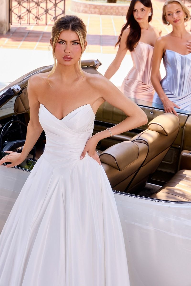 White Satin Strapless A-Line Gown | Ladivine WN015