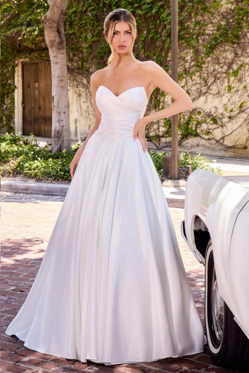 White Satin Strapless A-Line Gown | Ladivine WN015
